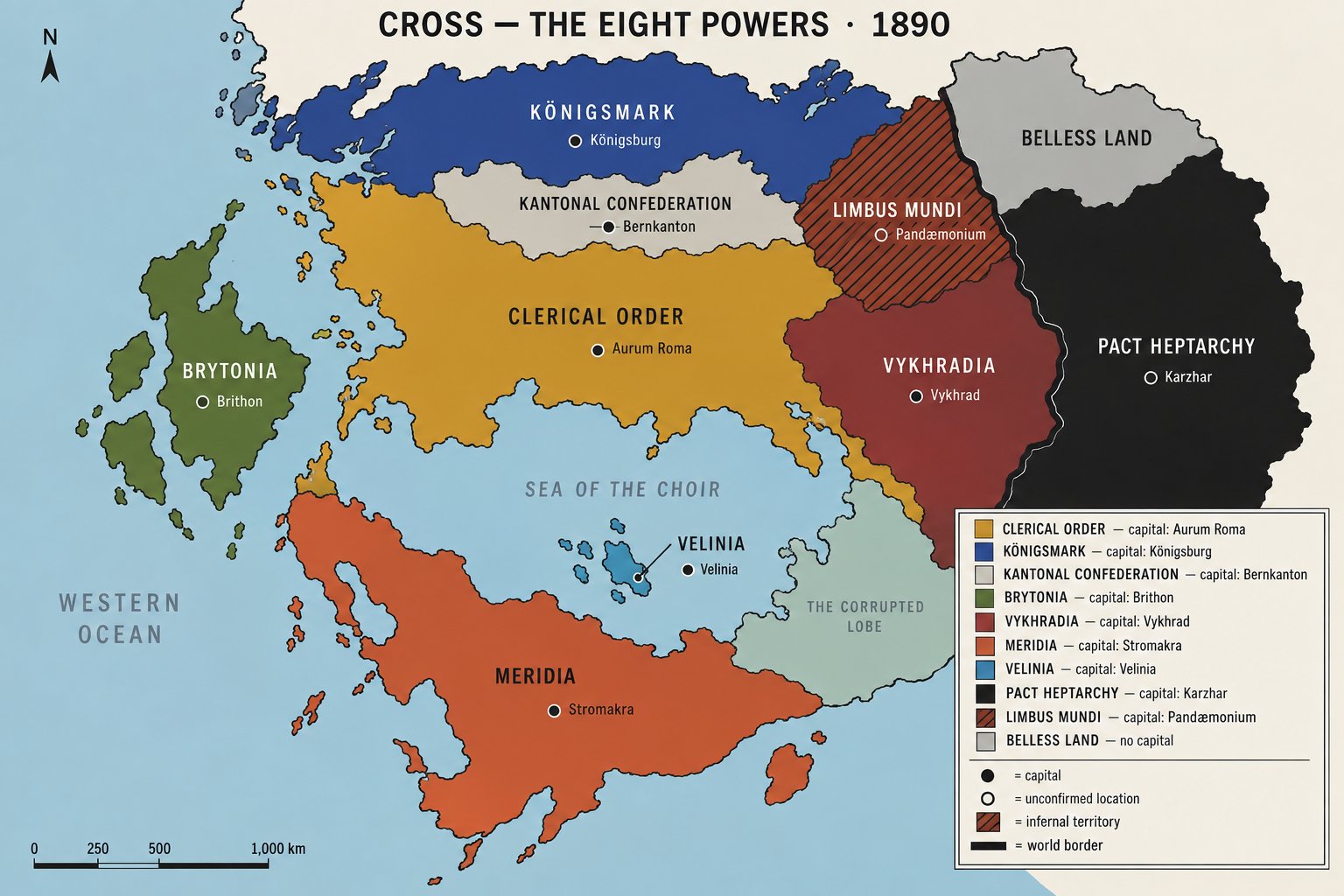 Simplified political map of Cross in 1890: ten territories in flat colour — the Clerical Order in yellow at the centre, Königsmark in blue to the north, Brytonia in green on the western islands, Vykhradia in wine and the Pact Heptarchy in black to the east, Meridia in orange to the south, and the hatched Limbus Mundi between them.