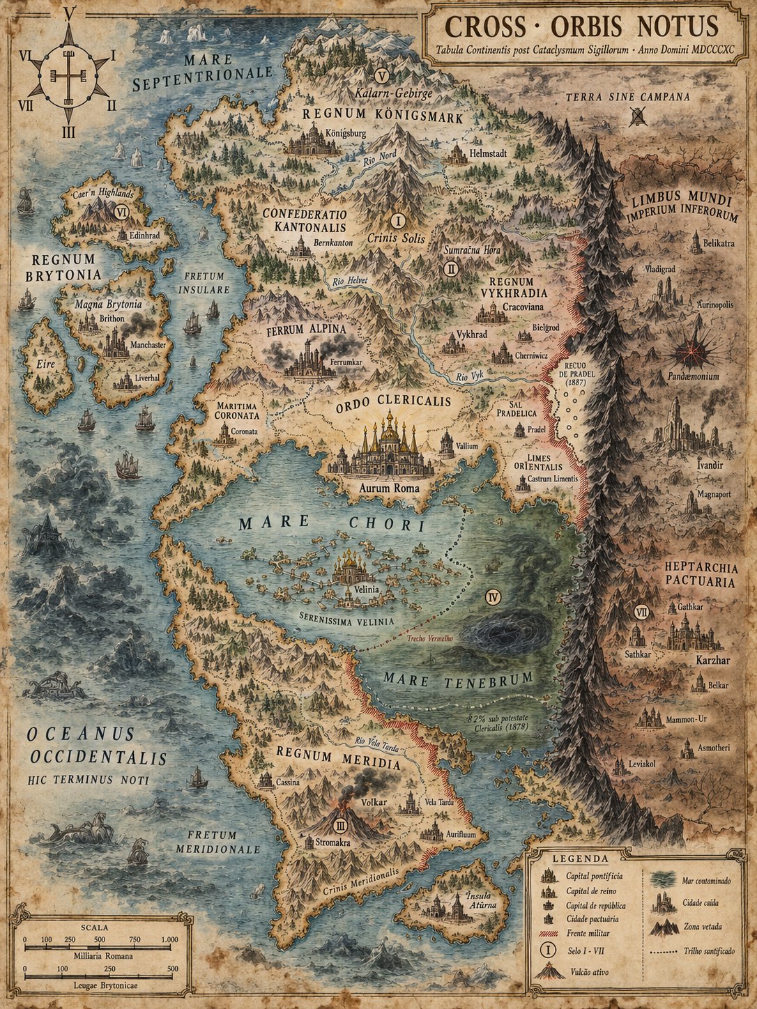 Map of the continent of Cross in 1890: the north-south mountain spine, the Sea of the Choir cutting east-west, the wall of the Limbus Mundi in the east, the Brytonia archipelago to the west and the volcanic peninsula of Meridia to the south.